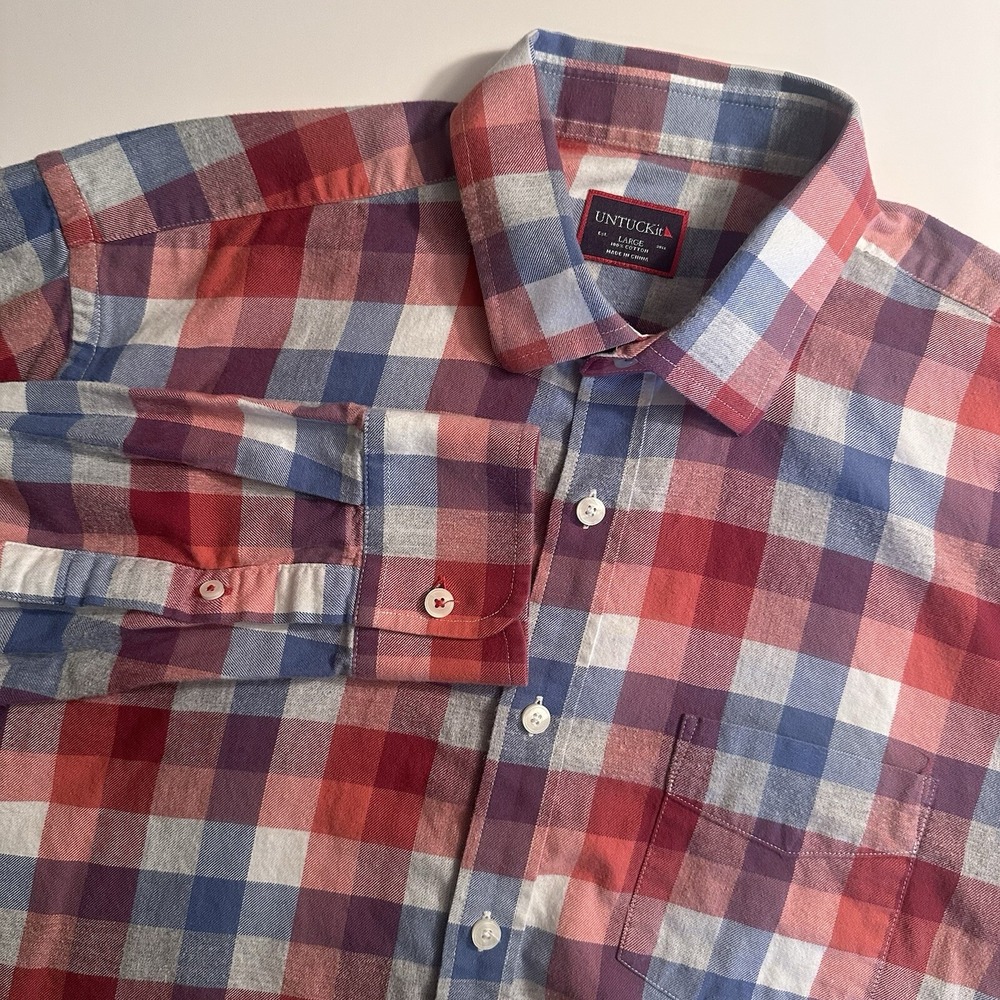 UNTUCKit Dress Button Front Shirt Mens Large Blue Red Checkered Regular Fit